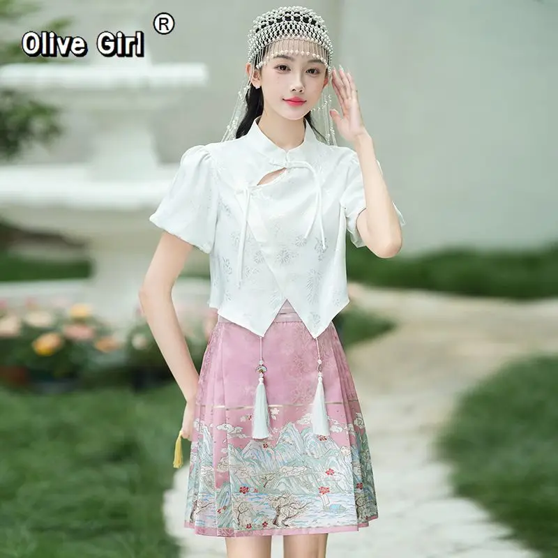 

Olivegirl Chinese style improved jacquard top blouse one-piece woven gold embroidered horse face short skirt women's clothing
