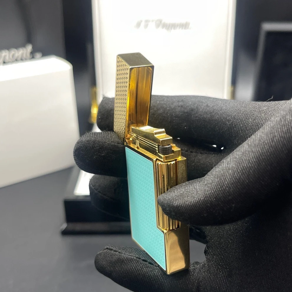 S.T. Dupont Lighter Gold and Silver Luxury Gold and Turquoise Enamel Design Iconic Flame Collection