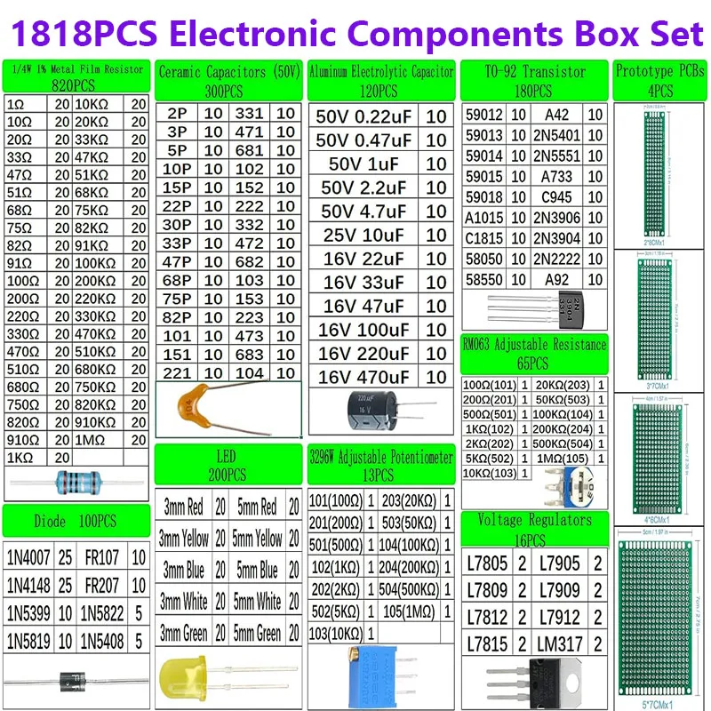 1818pcs electronic components diy kit led pcb capacitor resistor 2n2222 RM063 3296W potentiometers ne555 lm317 Diodes Monolithic