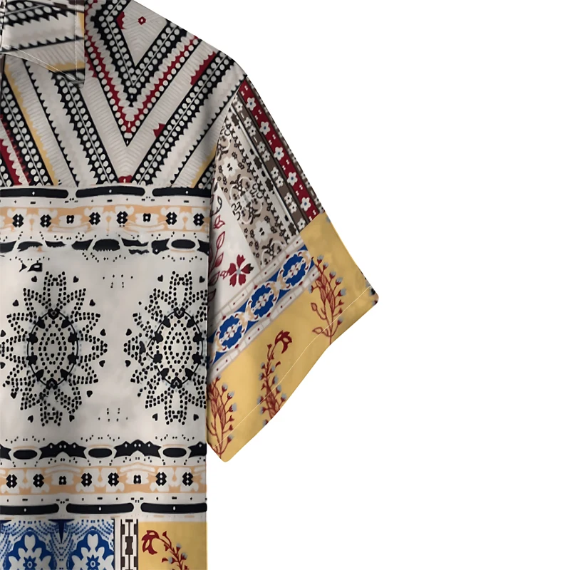 Chemise hawaïenne à manches courtes pour hommes, style bohème ethnique, imprimé Patchwork, décontractée, respirante, boutonnée, vêtements d'été