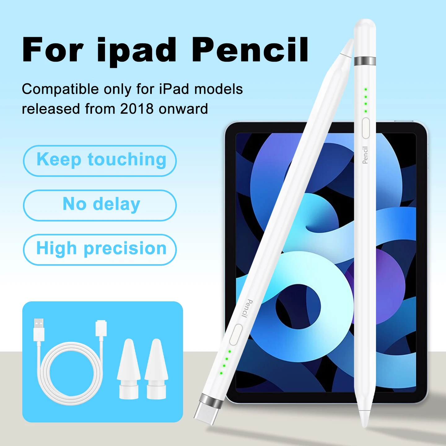 

Перезаряжаемый стилус для iPad 2018+, с функцией предотвращения случайных касаний ладонью, быстрой зарядкой, долговечной батареей, боковым магнитом и чехлом для хранения