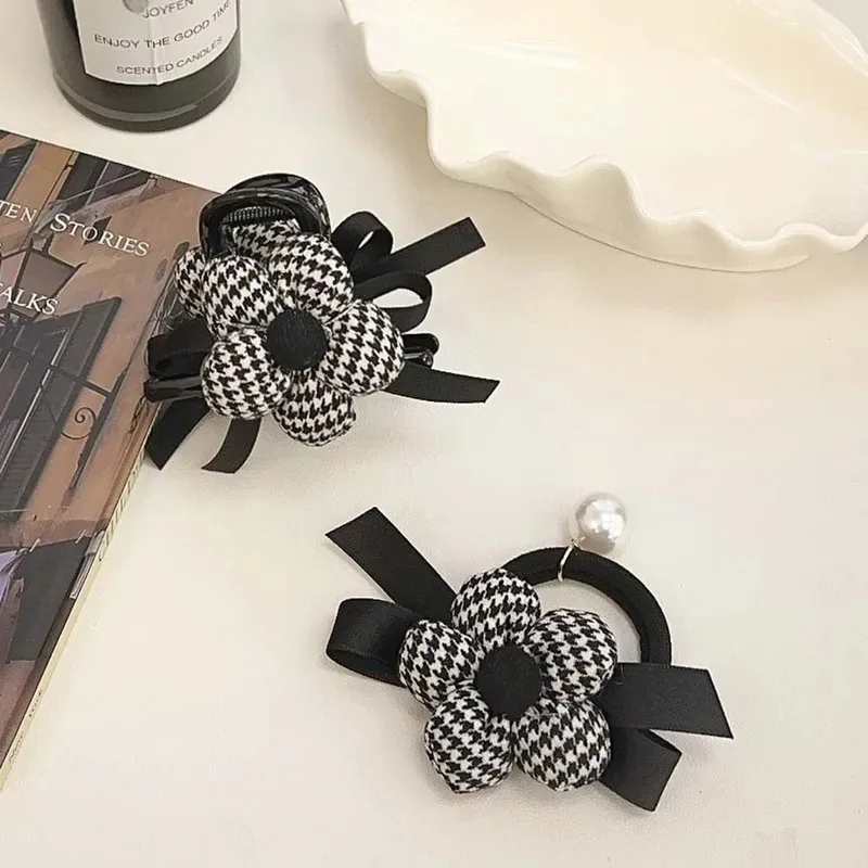 Pinzas de pelo de esponja con diseño de pata de gallo, flores, rayas y lazo, clips de tiburón, bandas elásticas para el cabello al por mayor para mujeres, conjunto de accesorios para el cabello