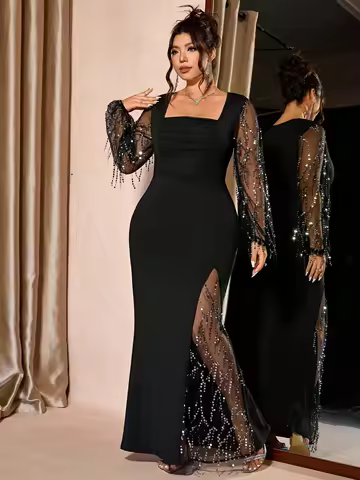 Women Black Plus Size Dress Square Neck Mesh Sequin Tassel Sleeve Bodycon Maxi Dress Party Cocktail Spring Summer Evening Dress