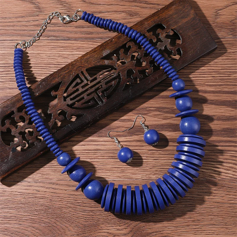 African Jewelry Set Wood Beads Necklace Set Bohemia Vintage Beaded Choker for Women Earrings Set Wedding Party Jewelry Gifts