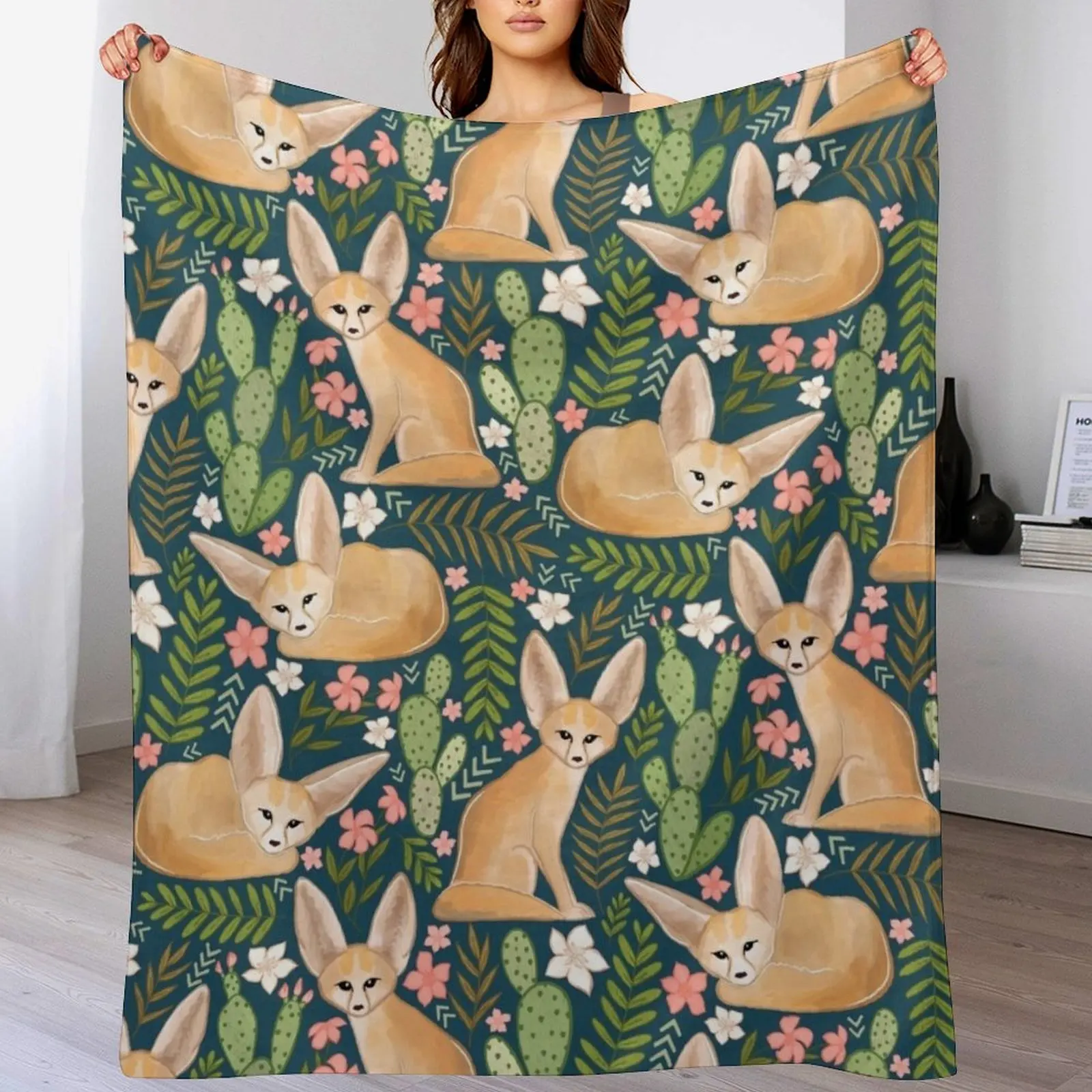 

Fantastic Fennec Foxes on Navy Throw Blanket Furry Weighted Loose Thermal Blankets