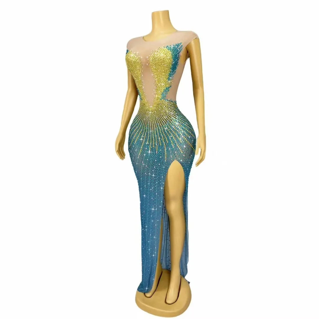 Sexy Special Designed Elegant Evening Gown Blingbling Rhinestones High Split Dress Birthday Party Outfit Performance Costume