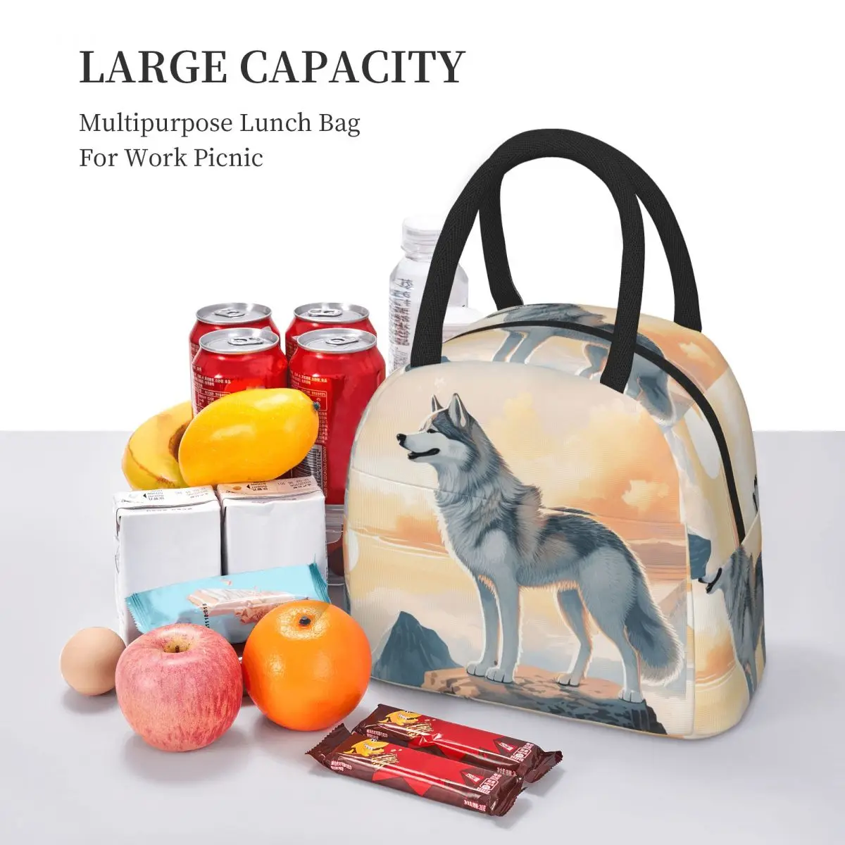 Borsa per il pranzo Siberian Husky In The Mountains Borsa per il pranzo isolata Bento Box Borsa per il pranzo impermeabile Borsa termica per donna Ufficio per bambini