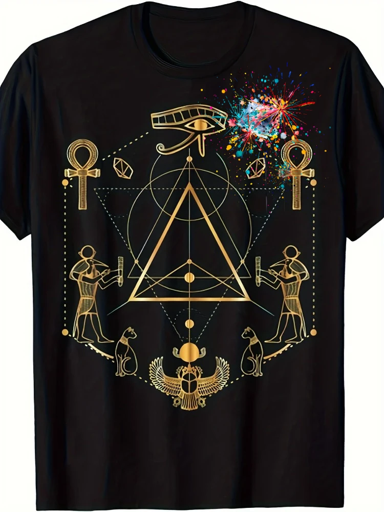 NEW Eye of Horus Sacred Geometry Ancient Egypt Ankh Scarab design-100% cotton O-neck short sleeve printed men's T-shirt.