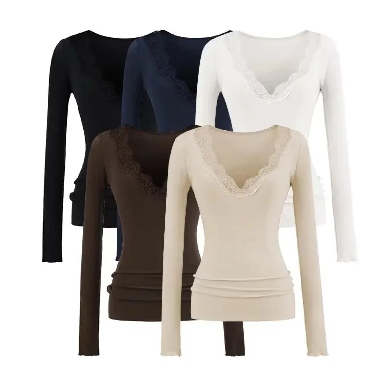 Autumn Winter Thickened Long Sleeve Base Shirt 2025 Deep V Neck Patchwork Lace Trim Sexy Slim Waist Solid Color T-Shirt Top GPN9