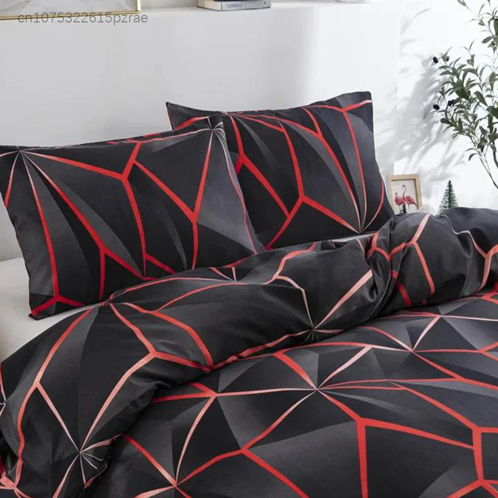 Black Red Geometric Duvet Cover Queen 3D Three Dimensional Geometrical Bedding Set Modern Abstract Neon Line Comforter Cover