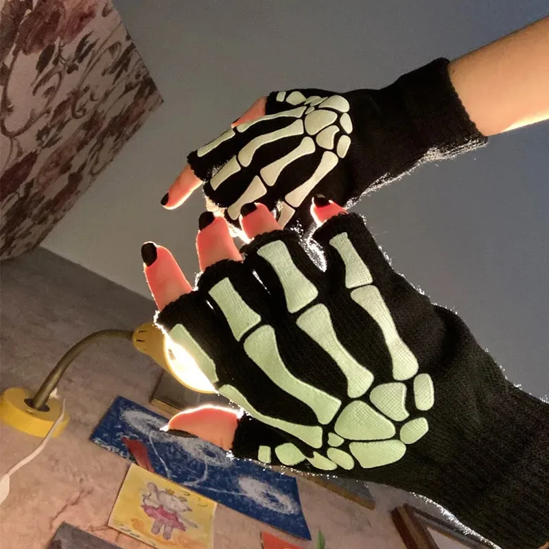 New Punk Gloves Unisex Halloween Skeleton Skull Half Finger Gloves Glow In The Dark Fingerless Stretch Knitted Winter Mittens