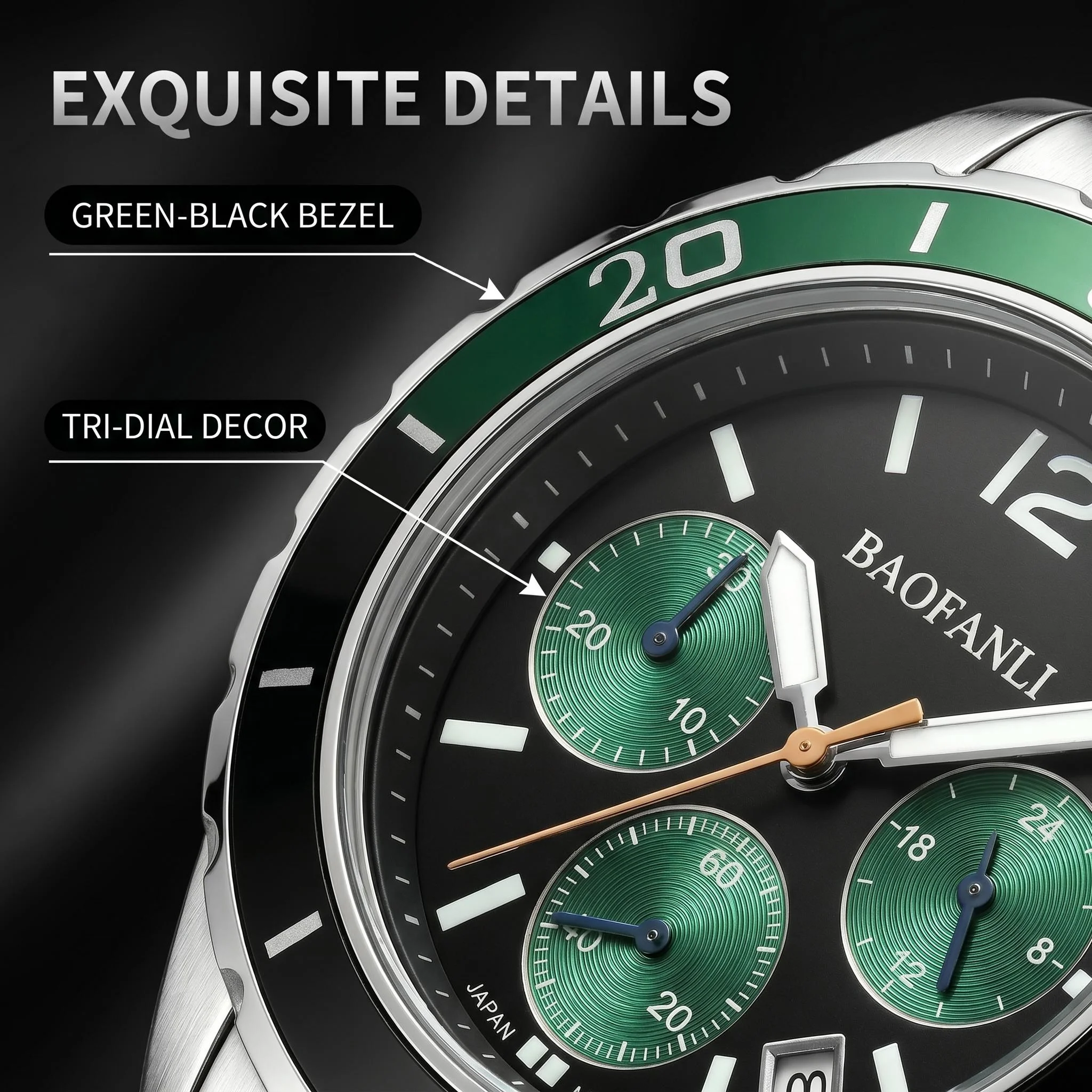 BAOFANLI Reloj de pulsera cronógrafo de acero inoxidable para hombre, reloj deportivo con bisel verde y negro para actividades diarias al aire libre