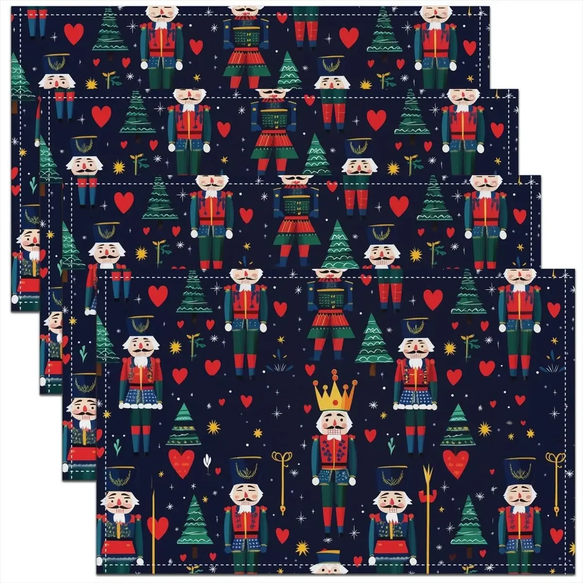 4/6pcs Blue Nutcracker Royal Guard Christmas Tree Heart Print Single-Sided Kids Placemat Set for Holiday Table Decor