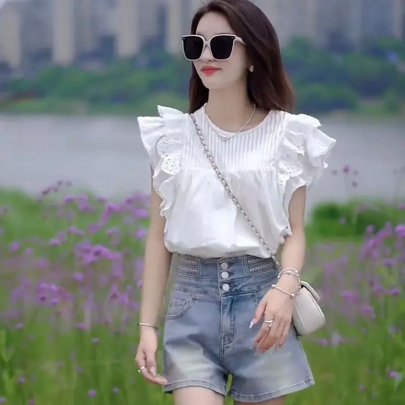 White Simple Solid Blouse Female 2024 Summer New Niche Design Lotus Leaf Lace Double-layer Flying Sleeve All-match Women Shirt