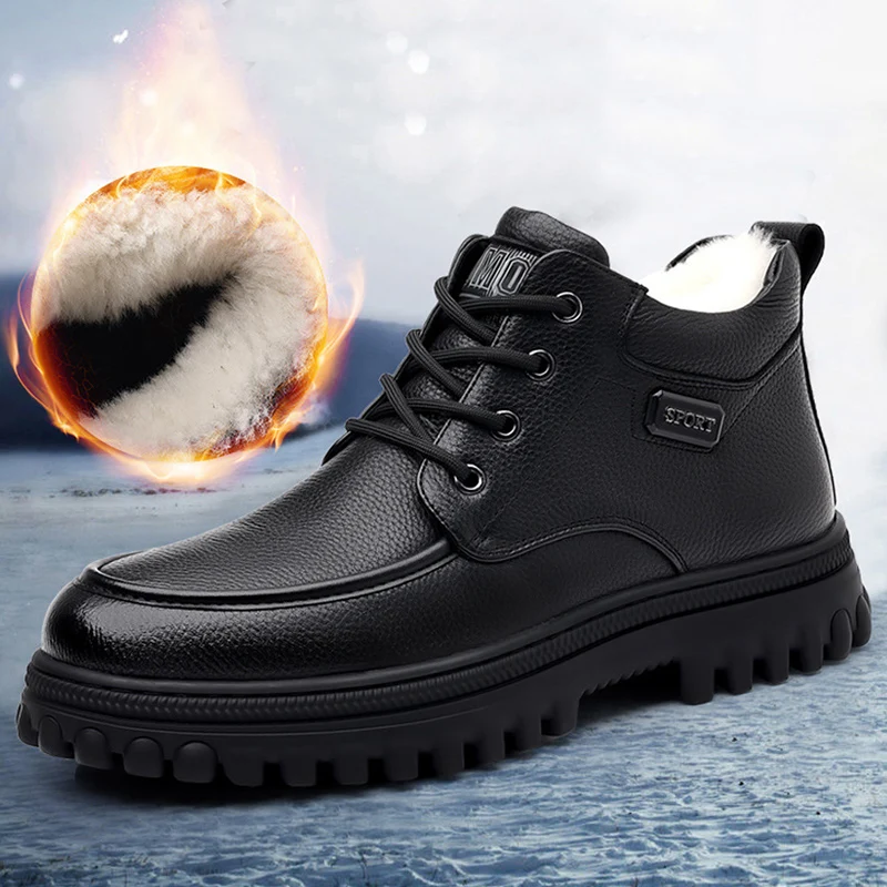 

2025 Winter Shoes Mens Snow Boots Warm Plush Cold Winter Fashion Brand Male Footwear Non-slip Flat Ankle Boots Black D591