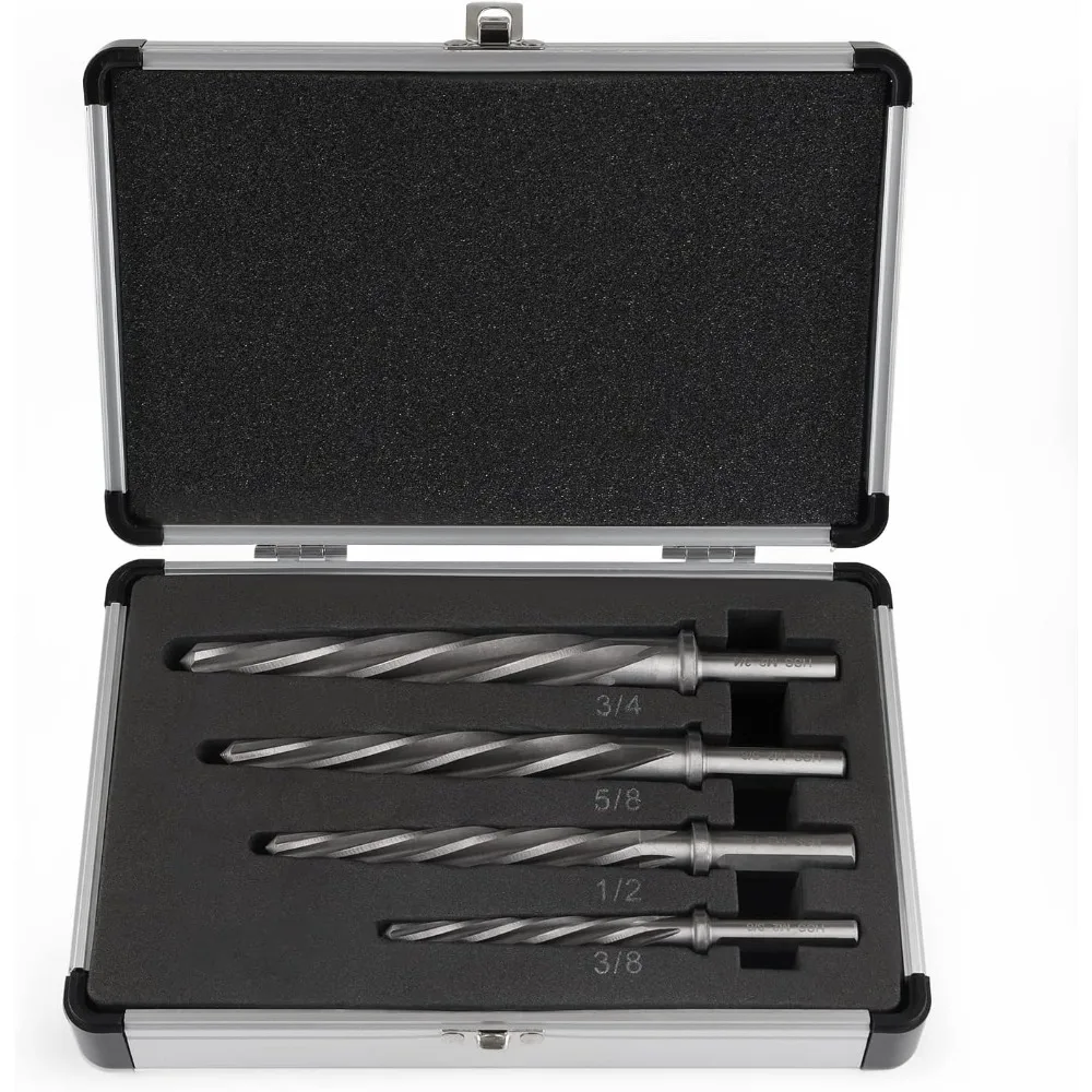 

4 Piece Reamers Set for Metal, Taper Reamer Drill Bit for 3/8 1/2 5/8 3/4 inches Hole M2 HSS Chucking Bridge Steel Reamers