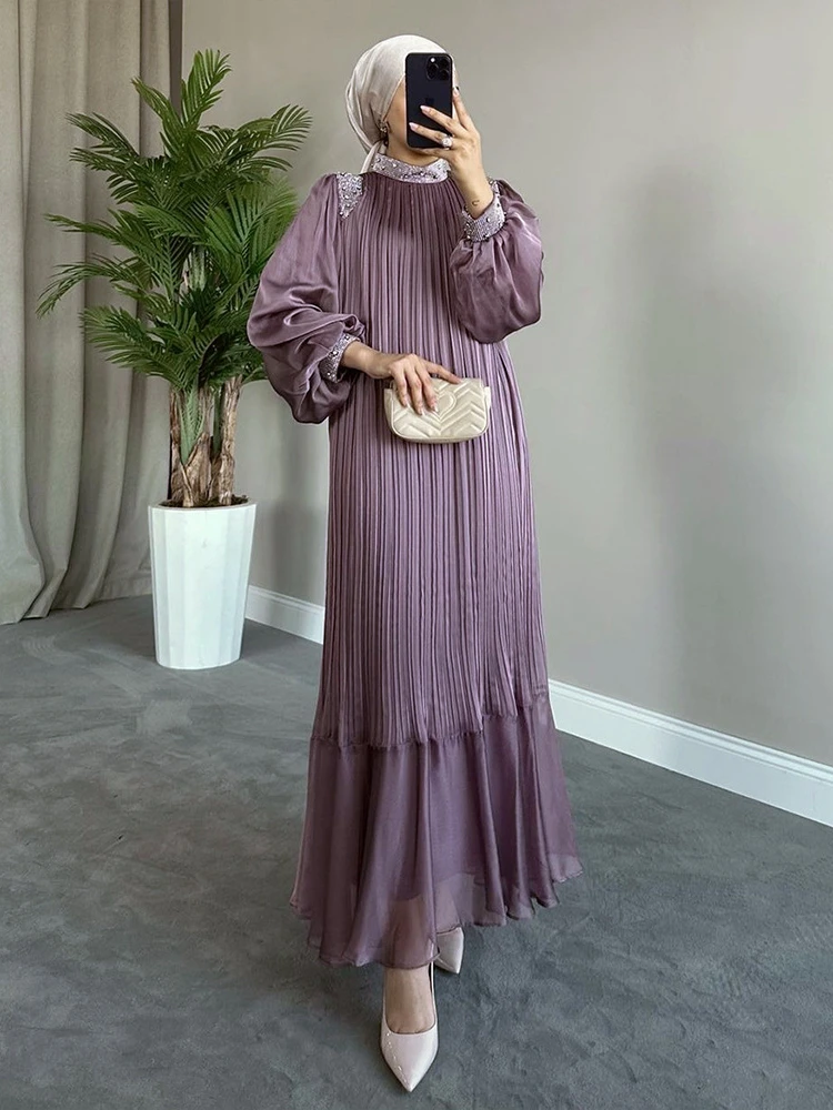 Eid Long Dress Women Muslim Diamond Pearls Abaya Pleated Robe Belt Ramadan Abaya High Neck Party Dresses Kaftan Caftan Jalabiya