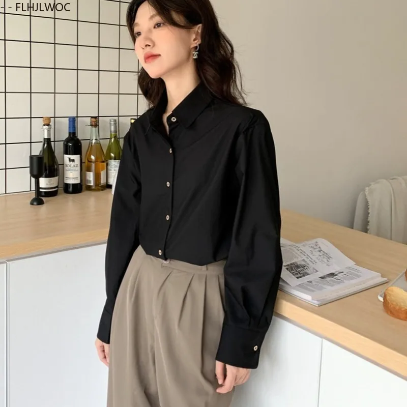 韓国スタイルカジュアルボタンダウンシャツオフィスレディ女性仕事シングルブレストベーシックソリッドエレガントなフレンチデザインブラックシャツ