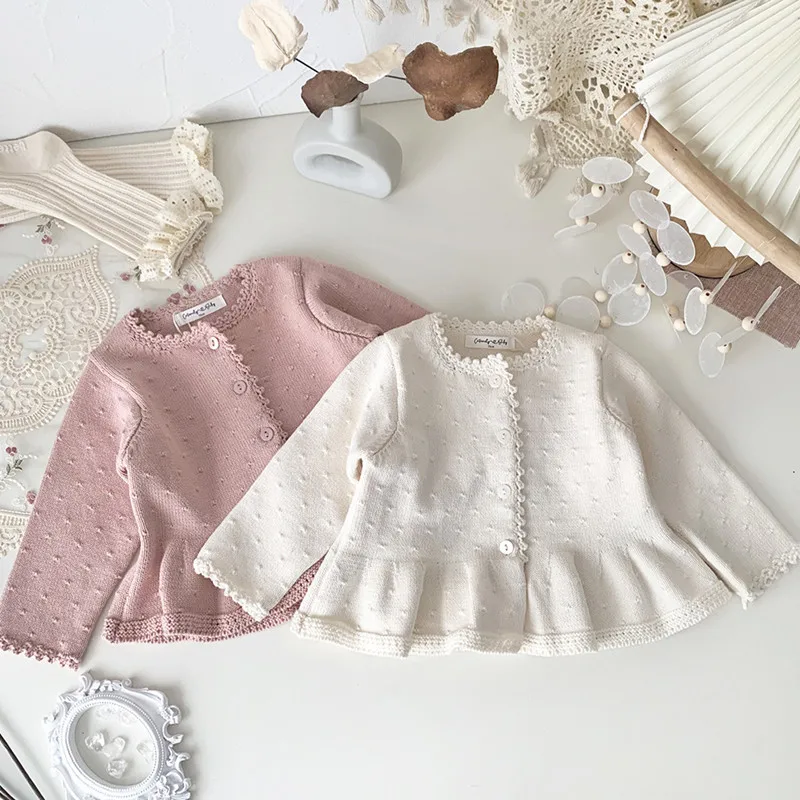 deer jonmi Primavera 2026 Cárdigan de Punto para Niñas Pequeñas, Abrigos con Volantes de Ganchillo, Estilo Coreano, Suéteres de Algodón para Bebés y Niños