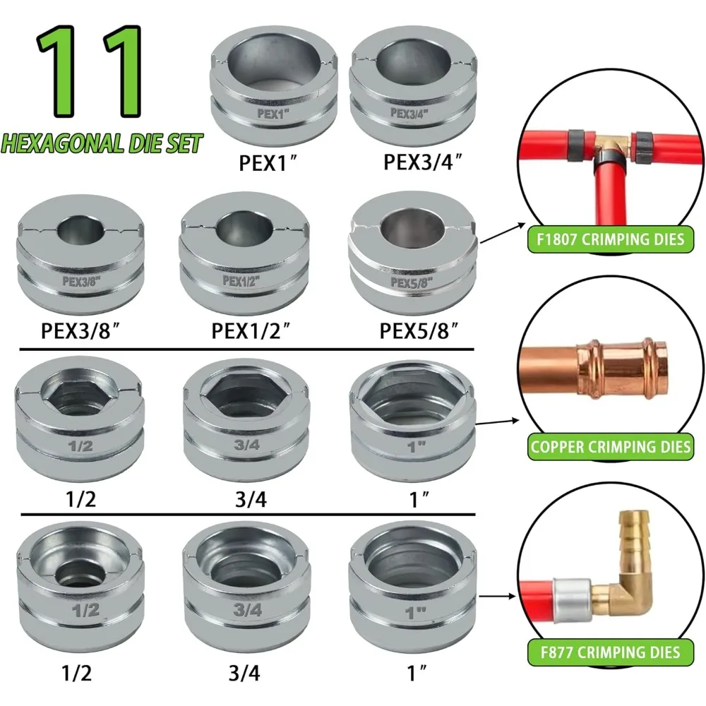 銅管用1/2、3/4、1インチダイスとF877ステンレスPEXプレススリーブ、3/8、1/2、5/8、3/4、1インチダイス付きパイププレスツール