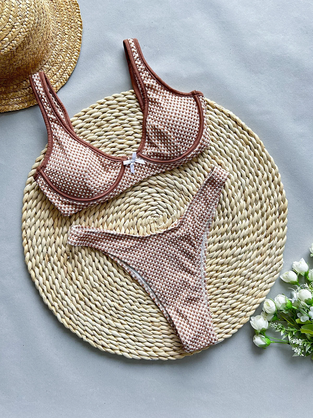 Conjunto De Bikini con Push-Up para mujer, bañador Sexy a cuadros marrones Con aros, Traje De Baño brasileño para playa, Traje De Baño De cintura alta 2024