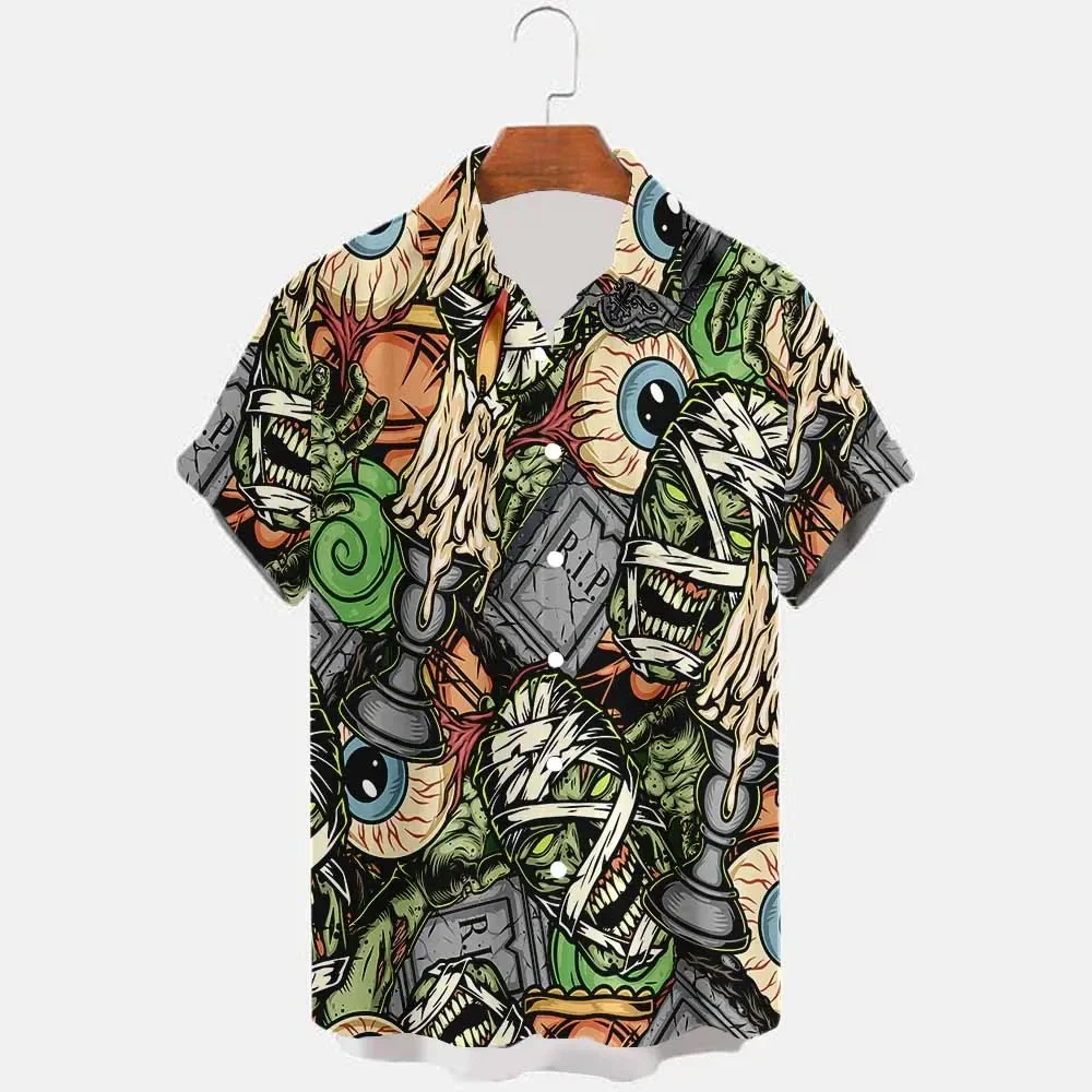 

Hawaiian horror skull men's shirt, tight floral shirt, retro, social, 3D printed, casual fashion, short streetwear