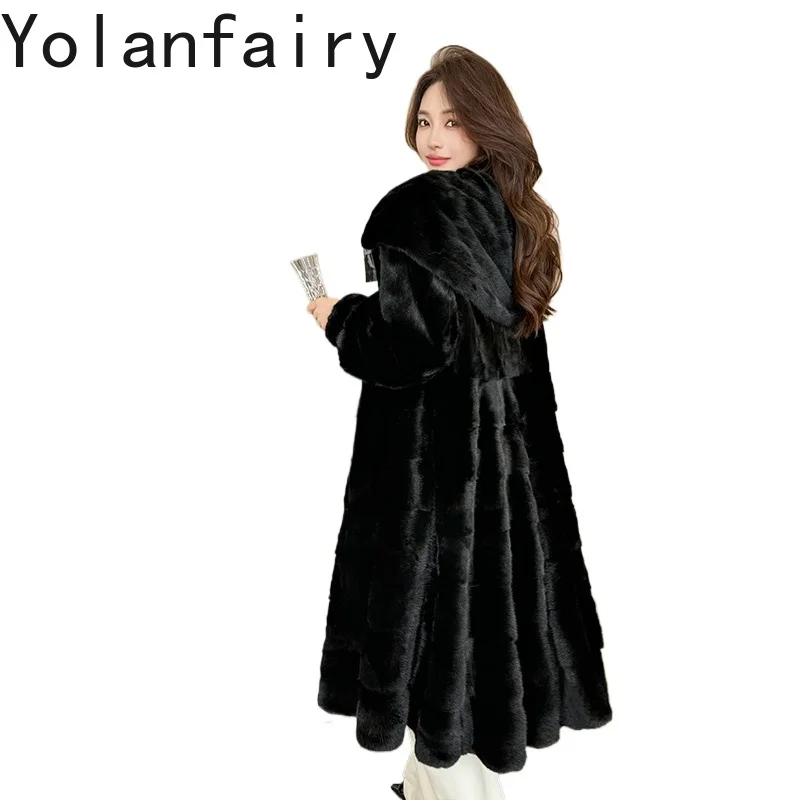 YOLANFAIRY Top Quality Splicing Mink Fur Coats for Women Winter 2025 Fashion Long Real Black Fur Coat Woman Elegant Fur Jacket