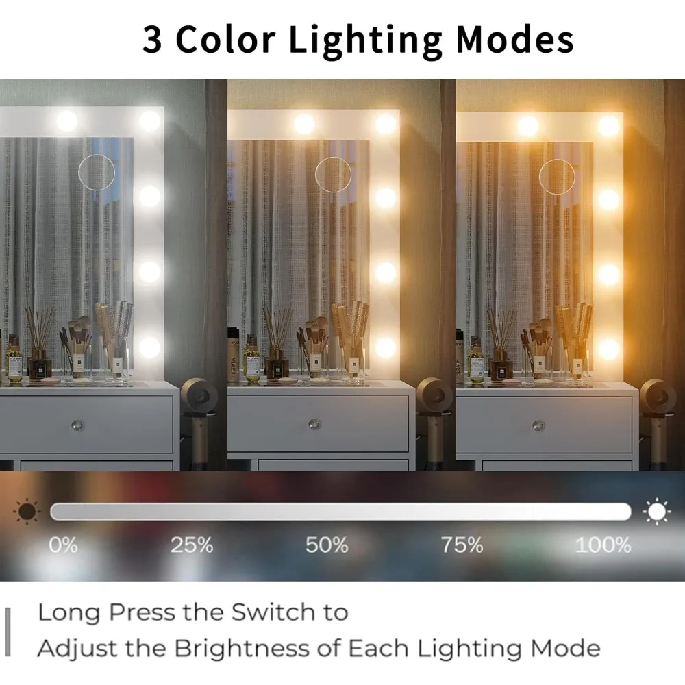 "Meja Rias Rias LED Lebar 55 Inci dengan 11 Laci, Stopkontak, dan Pencahayaan 3 Warna"