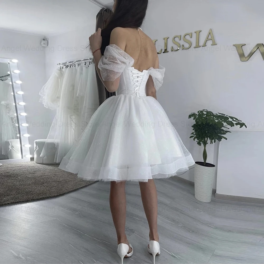 ANGEL Short Sparkly Sweetheart Wedding Dress Lace Up Back Off The Shoulder Knee Length Women Customize To Measures Bridal Gowns