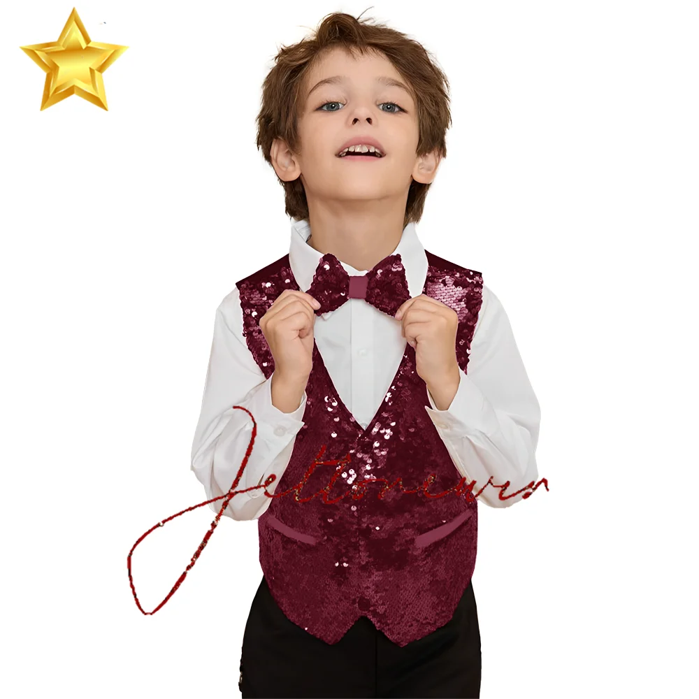 Sequin Boys Suit Vest Tie V Neck Sleeveless Jacket Stage Performance Clothes Wedding Kids Tuxedo Formal Outfit