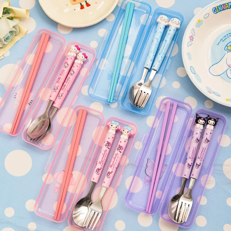 Kawaii Hello kitty My Melody Kuromi tableware set student stainless steel spoon and fork storage box office worker portable gift