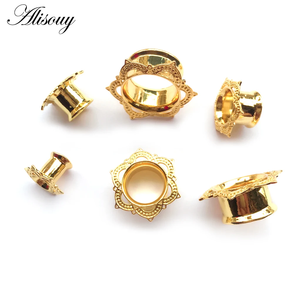 Alisouy 2 PCS Gold Color Plug & Tunnel Ear Jewelry Ornate Stainless Steel Body Piercing Jewelry Ear Expander Gauge 6 to 16 mm