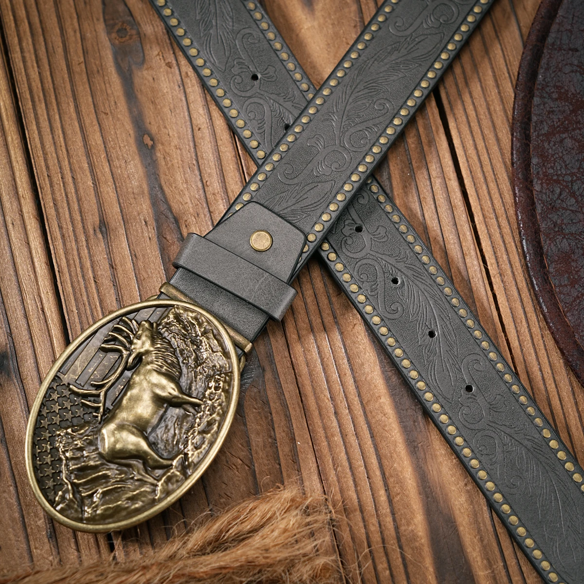 Herren - Damen - Western-Denim - PU-Leder - Gürtel - Vintage-Jeans mit geschnitzter Schnalle – Detail 8