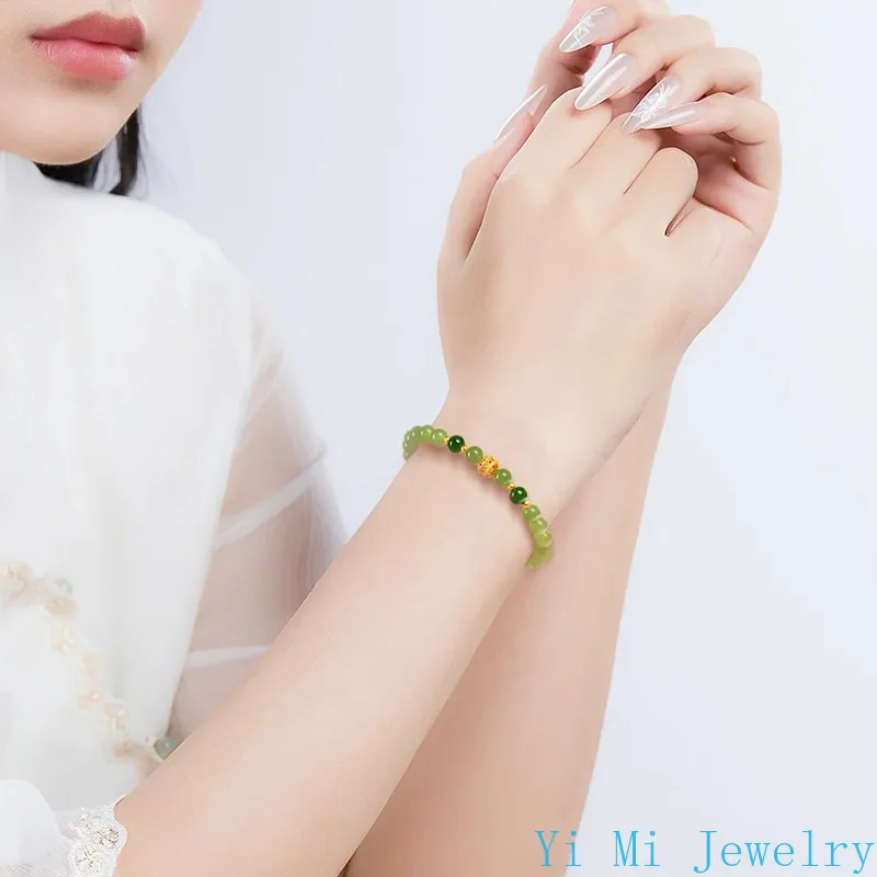 100% 天然古材ホータン翡翠ジャスパーラウンドビーズライトグリーンブレスレット翡翠女性アンティークハンドストリングファッションチャームジュエリー