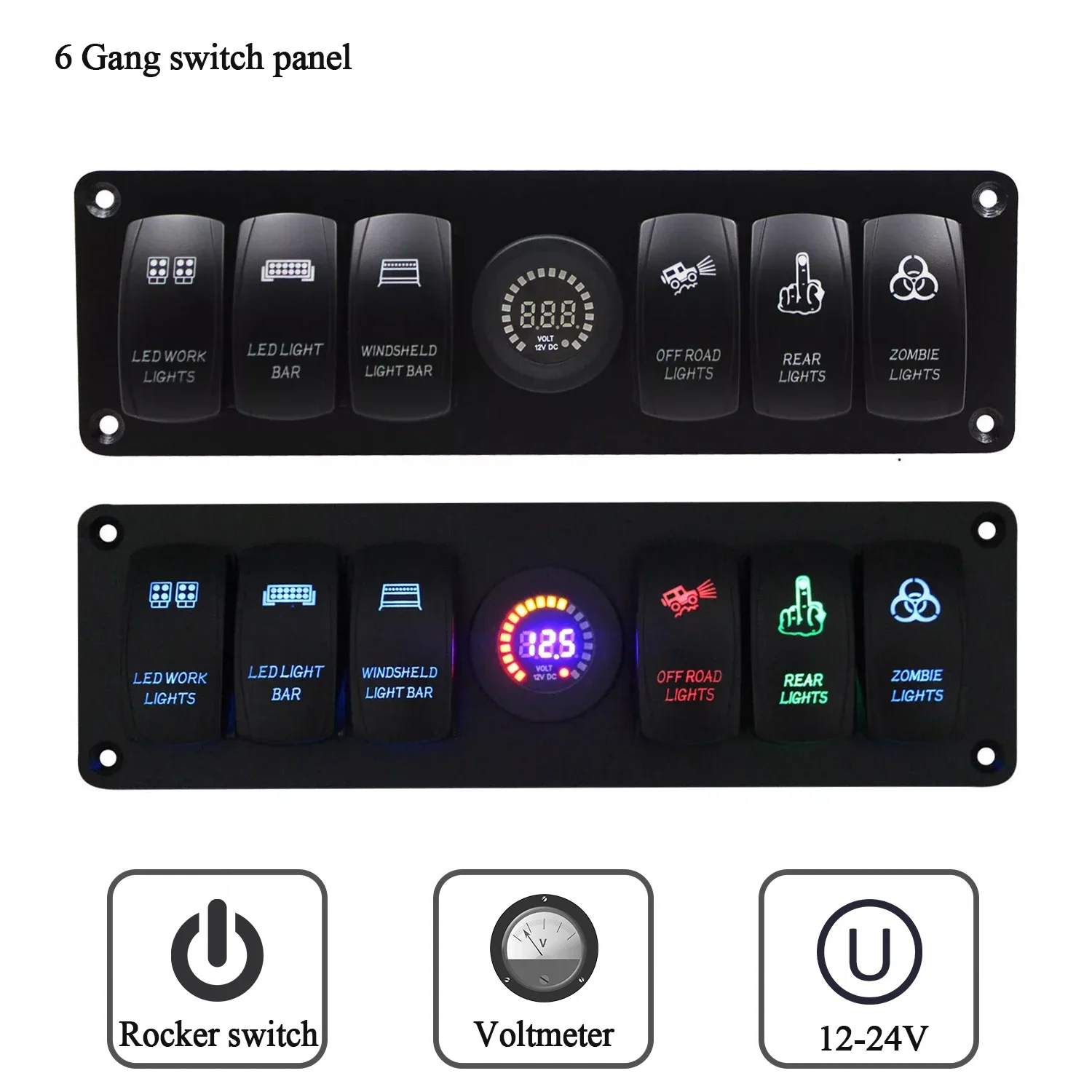 

Colorful 12V 6 Gang Rocker Switch Panel Circuit Breaker LED Voltmeter RV Car Marine Boat Led Auto car accessories