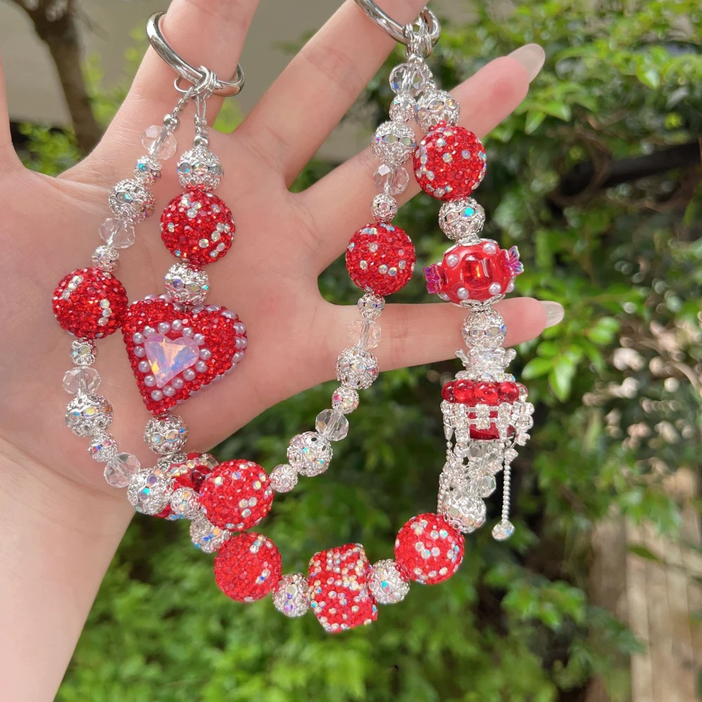 Stilvolle, zarte, doppellagige, mit Perlen eingelegte Strasssteine, Handy-Anhänger-Kette für Handy, Tasche und Schlüsselanhänger