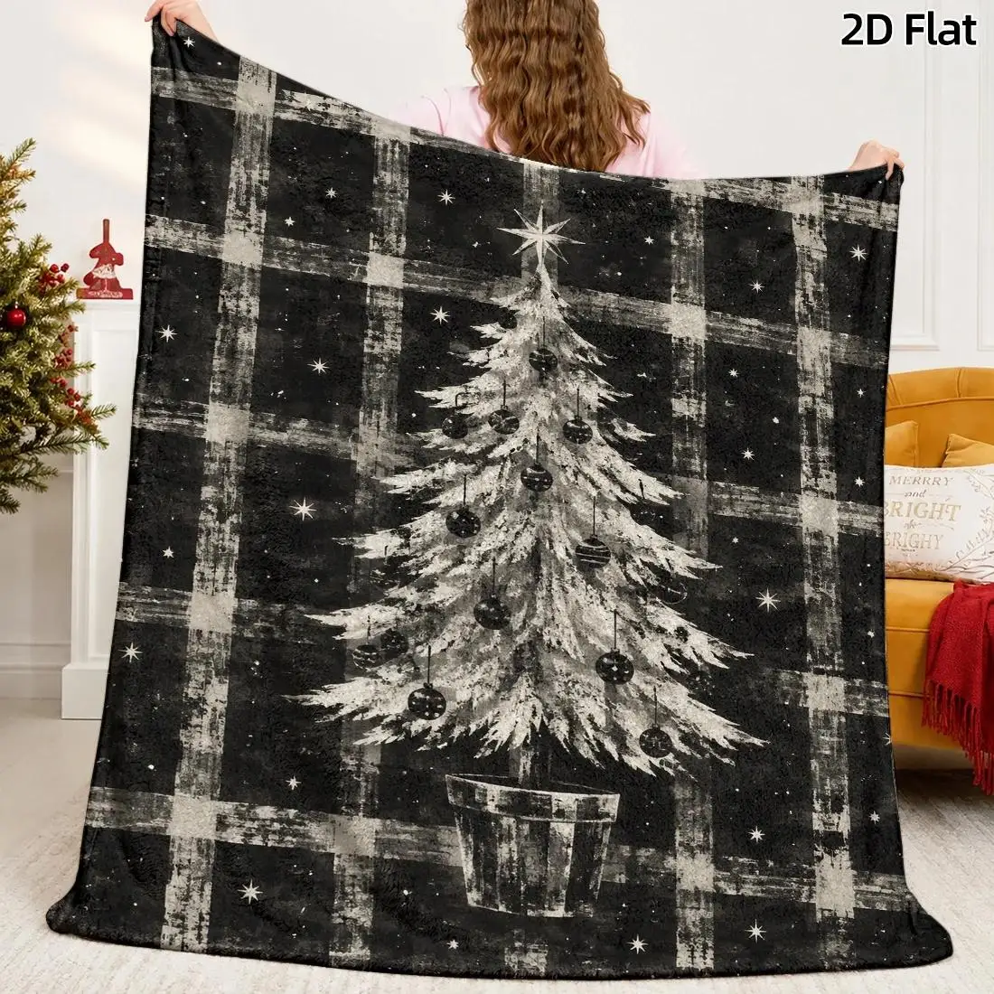 1pc 2D Flat DIY Coloring Throw Blanket, Christmas Tree Starry Night Line Art, Vintage Floral Plaid Background Decor Blanket
