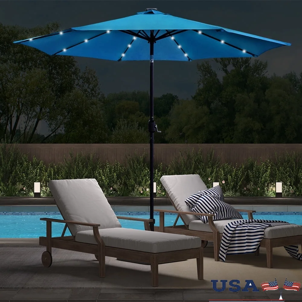 

9ft Solar LED Lighted Patio Umbrella Outdoor Market Umbrella Garden Deck Pool Beach UV Resistant Water Resistant Crank Tilt