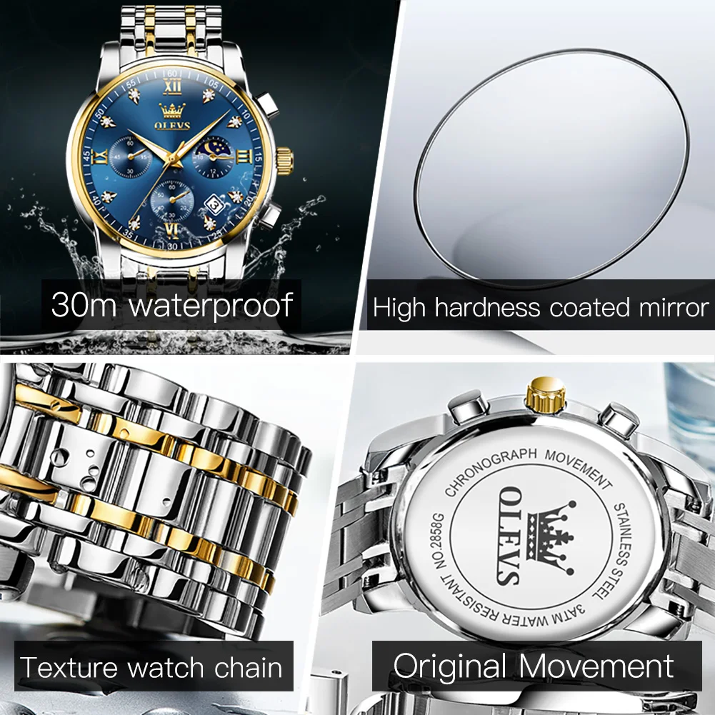 OLEVS 2858 العلامة التجارية الفاخرة كوارتز ساعة الزوجين مقاوم للماء ساعة عاشق هدية كلاسيكية مضيئة مرحلة القمر كرونوغراف ساعة له أو لها