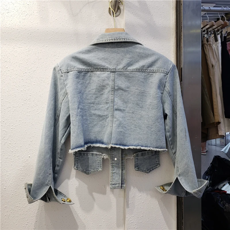 Rivet Feather Big Pocket Denim Jacket Women Cowboy Outerwear Chaqueta Mujer Spring Autumn Vintage Slim Short Jeans Jacket Female