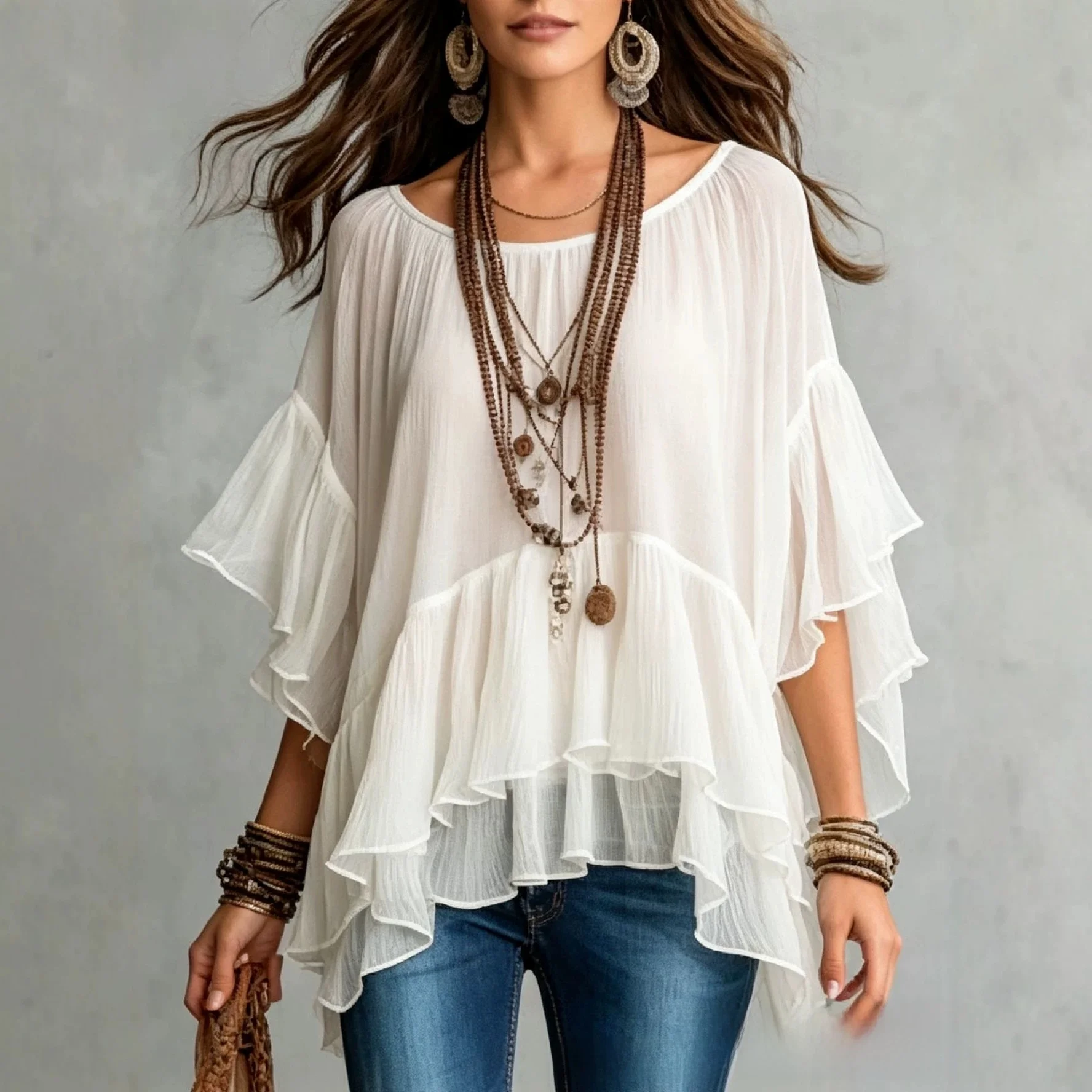 Casual round Neck Pleated Chiffon Top mid Sleeve Holiday Style Loose Batwing Sleeve Polyester Fabric White Folded over Shirt