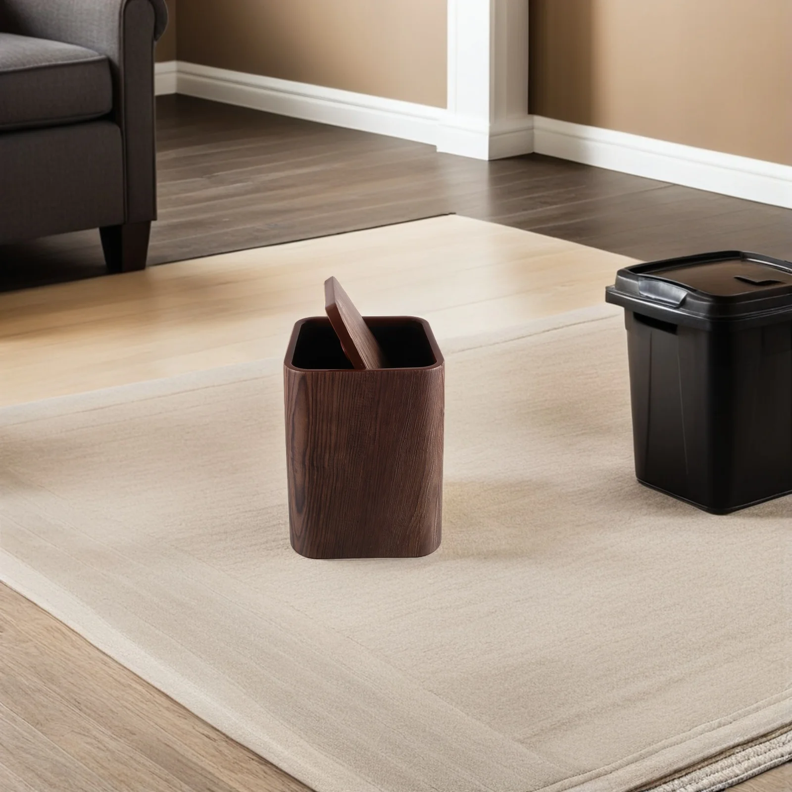 

Мусорная корзина из искусственного дерева, коричневая прямоугольная конструкция, корзина для ванной комнаты с крышкой, кухонный мусорный бак, офисная корзина для мусора, бытовая декоративная