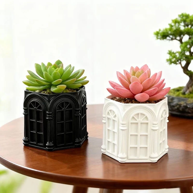 Elegante castelo gótico janela resina suculenta plantador pote estilo vintage vaso de flores para casa escritório decoração presente ideia para plantas