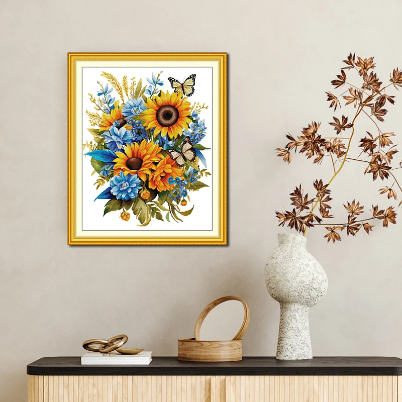 Joy Sunday Sunflower HD Pattern Cross Stitch Kits Aida 16/14/11CT Counted Printed Fabric Canvas DIY Embroidery Hand Sewing Set