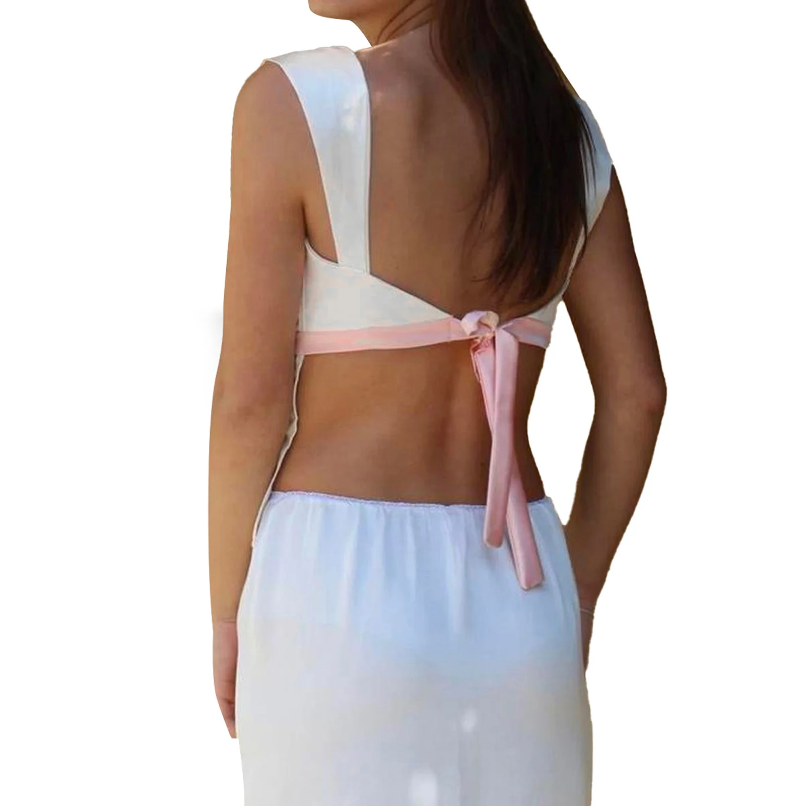 قمصان نسائية بدون أكمام حلوة، أشرطة كتف واسعة ورباط الخصر، ملابس صيفية منخفضة القطع