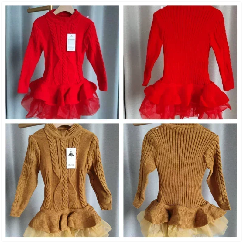 2025 New Girls\' Woolen Warm Dress Children Autumn Winter Round Neck Sweater Elegant Girl Knitted Long Sleeve Red Christmas Dress