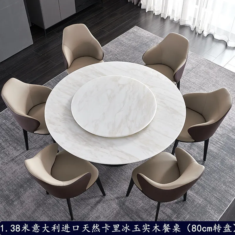 #Natural Marble Dining Table with Turntable, High-End Solid Wood Round Dining Set, Luxury Living Room and Dining Room Furniture