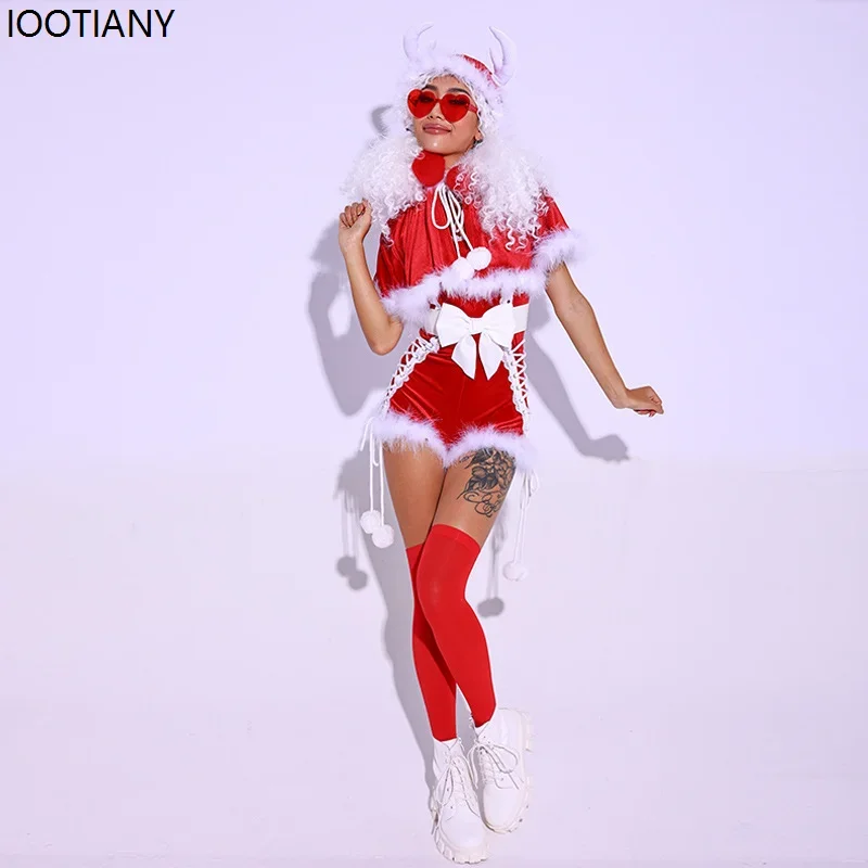 CosplayWomen مثير فستان عيد الميلاد سانتا كلوز تأثيري الأحمر شال السراويل بذلة ملهى ليلي بار GOGO DJ DS راقصة دعوى عيد الميلاد G