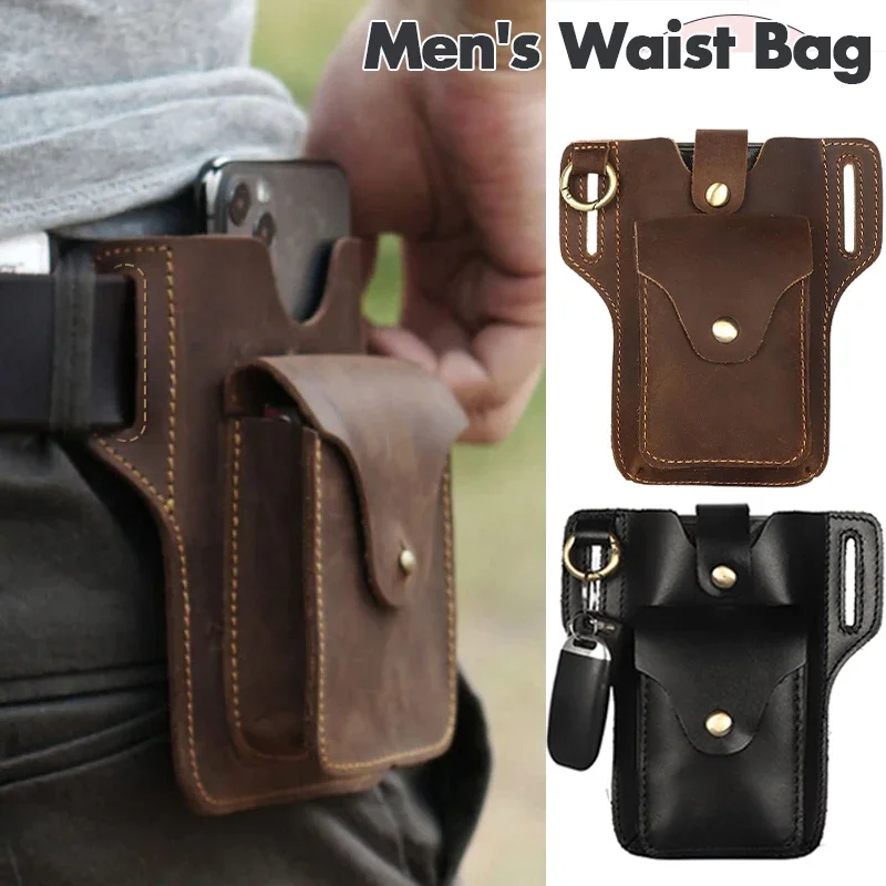 

2024 New Genuine Leather Men's Waist Bag Fashion Phone Bag Multifunctional Retro Key Wallet Sports Phone Bag Belt Pouch Outdoor