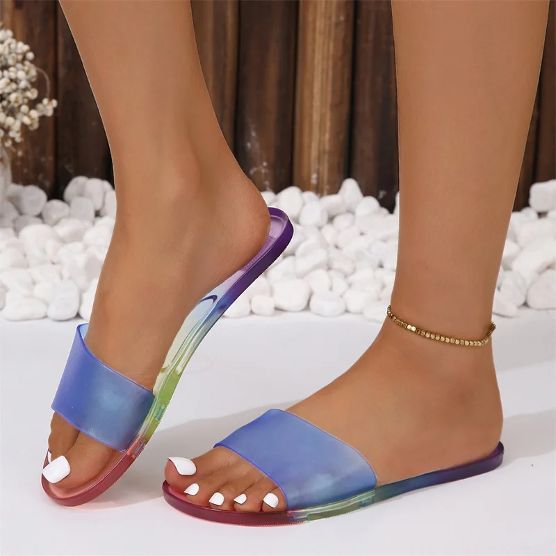 New Summer Style Fashionable and Comfortable Transparent Seaside Jelly Soft-soled Shoes One-word Wet Rubber Jelly Sandals